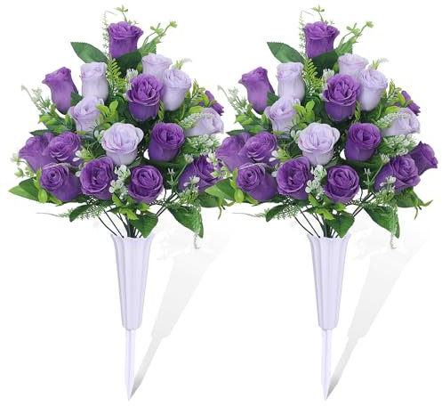 LOSFOTBO Set of 2 Artificial Cemetery Flowers, Grave Memorial Flowers with Vase, Outdoor Grave Decorations Roses for Cemetery Headstones Decoration (Purple)