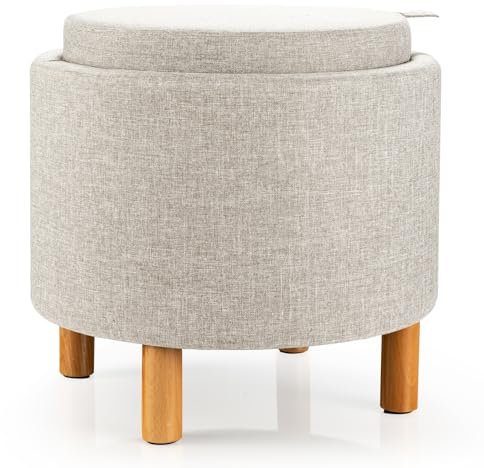GIANTEX Taburete Redondo Acolchado Multifuncional, 44 x 44 x 42 cm, Reposapiés con Bandeja Reversible y Espacio de Almacenamiento Oculto, Taburete Otomana para Salón, Entrada (Beige)