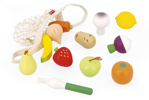 Janod - Netz aus 12 Obst- und Gemüsesorten - Leinentasche - Spielzeug Imitation Einkaufskorb - Ideal als Ergänzung zu Kinderküche und Dinette - Ab 3 Jahre, J06639