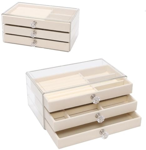 Boîte à bijoux en acrylique, boîte à bijoux à 3 niveaux, tiroirs en velours, grille de rangement pour les boucles d'oreilles, les bagues, les colliers et les bracelets des femmes et des filles Beige