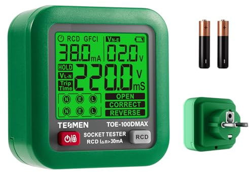 TESMEN TOE-100DMAX Testeur de prise avec affichage du temps de déclenchement RCD, écran LCD rétroéclairé, mesure de tension, fonction de maintien des données (prise UE) – Verde
