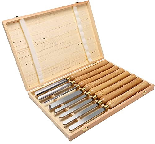 Juego de cinceles para torno de madera, juego de carpintería, herramientas de torneado de madera, 8 piezas con hoja, mangos de madera dura y estuche de madera para almacenamiento para principiantes.