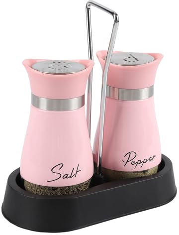 Pink Kitchen Accessories|Sets,Salt and Pepper Shakers Sets with Holder,Set of 2 Stainless Steel and Glass Bottle Stainless Steel,Salt Shaker Dispenser for Cooking, BBQ (Pink)