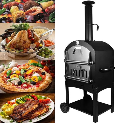Outdoor Pizza Oven with Built-in Thermometer, Portable Design on Wheels for Easy Baking in Backyards, Campgrounds, and Parks