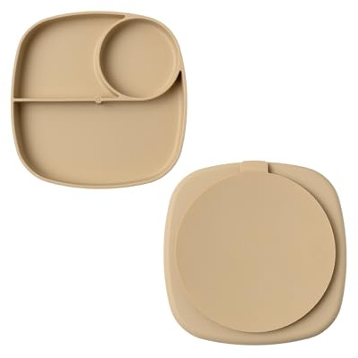 muchmellow - Piatto in Silicone MADE IN ITALY per Svezzamento con 3 Scomparti Divisori e Ventosa Anticaduta, Plastic Free, BPA Free, Lavabile Lavastoviglie (Beige)