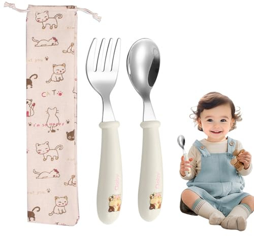 GHPKOTW 2 Kinderbesteck Katze, 1 Beutel mit Kordel, Baby Besteck Set, Esslernbesteck ab 1 Jahr, Edelstahl Kinderbesteck, Anti-Choke-Design, für Baby und Kleinkind