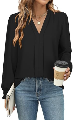 Bluse Damen 2026 Elegant Langarm mit Smock-Manschetten,Festliche Oberteile V-Ausschnitt,Business Casual Herbst Winter Shirt,Schwarz M