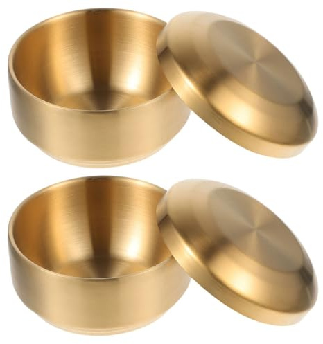 2 Stück Reisschale aus Edelstahl mit Deckel, Goldfarben, Dickwandig