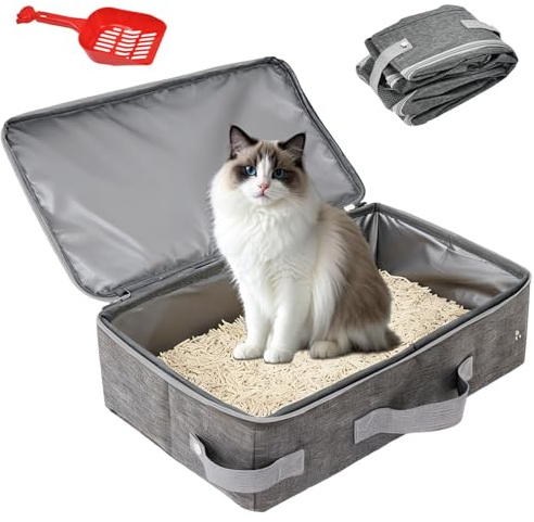 VGECEE Bac a Litiere de Voyage pour Chat avec Couvercle, Maisons de Toilette pour Chats, Bac à Litière Portable pour Chat 34 x 45 x 11 cm, Litieres pour Chats Pliable avec Pelle pour Voyages et Maison