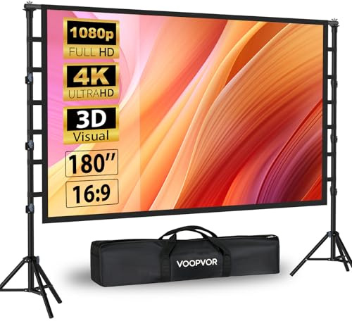 VOOPVOR Écran de Projection Portable HD 180 avec trépied 16:9 4K HD Écran de Projection pour intérieur/extérieur avec Sac de Transport et Support réglable en Hauteur pour Home cinéma et Camping-Car