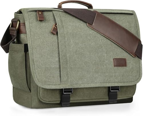 ESTARER Laptoptasche 17 Zoll Umhängetasche Canvas für Arbeit Uni, Armeegrün