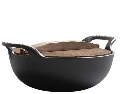 FUANA Wok in ghisa con doppio manico e fondo piatto, padella antiaderente non rivestita per fornelli a induzione, a gas ed elettrici, 20 cm, nero con coperchio in legno A
