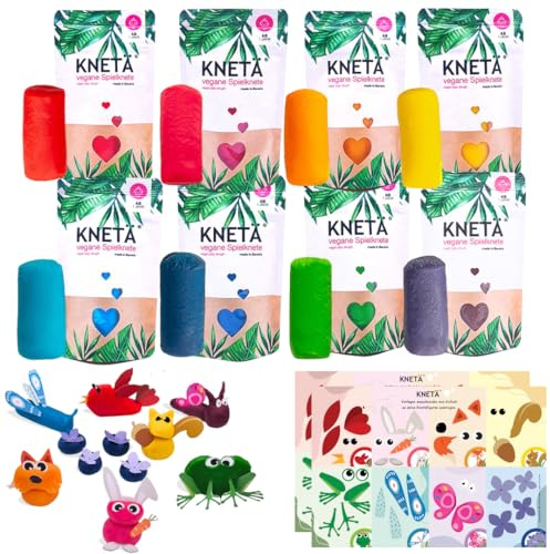 KNETÄ Knete ab 1 Jahr I Party Set I 8X 50g vegane Kinderknete inkl. 2X Bastelkarte Tiermotive I Playdough I Kindergeburtstag