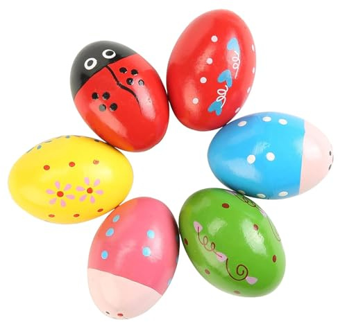 KiBcsLic 6 Piezas Huevo Shaker Instrumento Musical de Percusión Madera Maracas Suaves Manuales Educativo Adecuado para Escolares Regalos Fiestas Aula