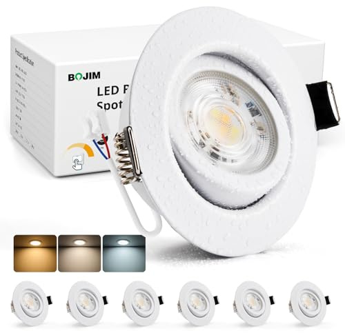 BOJIM LED Einbaustrahler 230V Dimmbar Weiß, Spots 68mm Lochmaß | 7W IP44 Wasserdicht, Warmweiß Kaltweiß Neutralweiß, Deckenspots für Bad Küche Wohnzimmer, 6er Set