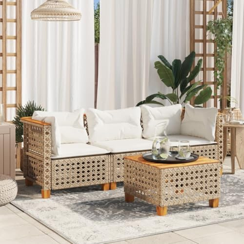 IBUQDDV Gartensofa mit Kissen 3-Sitzer Beige Poly Rattan Gartenmöbel Lounge-Set PE-Rattan Sofa Abnehmbare Bezüge Wetterbeständig Modulares Design