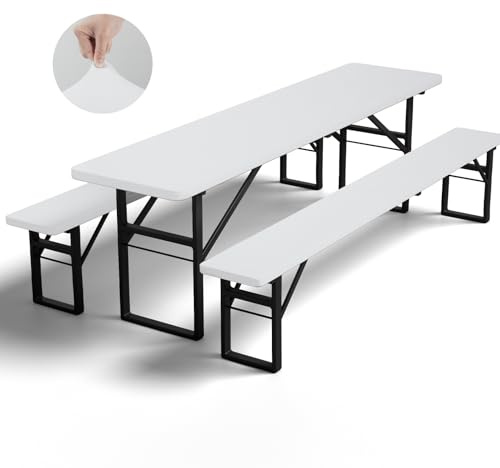 GFCC Bierzeltgarnitur Auflagen Set 3-teilig Elastische Weiß 220x50cm | 1 Hussen für Biertische und 2 Bierbankhussen,Elastische Hussen für Biertischgarnitur Waschbare für Outdoor-Bankette