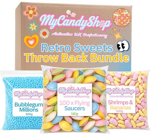 Retro Sweets Gift Box 80s & 90s - 100 Flying Saucer Sweets, 500g Bubble Gum Millions & 500g Shrimps and Bananas - 3 Pack Retro Candy Selection for Parties, Sharing & Treats
