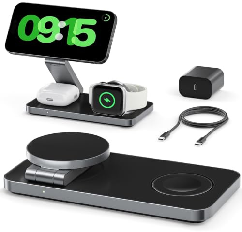 3 in 1 Wireless Charging Station for Apple Devices, Magnetic Foldable Travel Fast Charger Stand Compatible with MagSafe for iPhone Air/17/16/15/14/13/12 Series, Apple Watch & AirPods Pro/4/3/2-Black