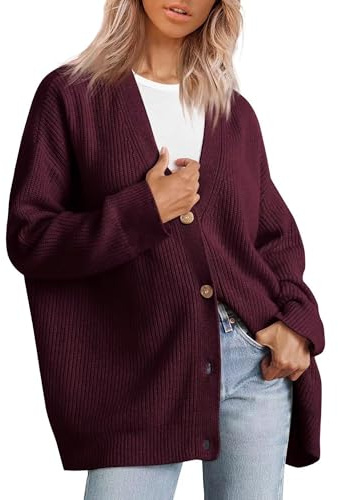 Dam Knapp Fram V ringad Stickad Oversized Kofta Höstmode Kofta Casual Långärmad Stickad Ytterkläder Vinröd Medium