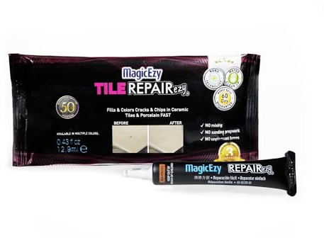 MagicEzy Tile RepairEzy - Retoque fácilmente grietas y astillas en superficies de porcelana y cerámica - Kit de reparación beige y blanco