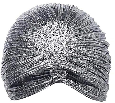 Women's Ruffle Turban Hat Glitter Pleated Stretch Head Wraps Chemo Cap with Detachable Crystal Brooch Grey