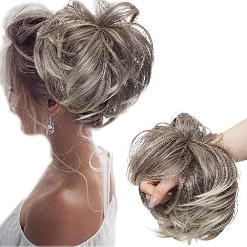 SEGO Große Haarteil Haargummi Extensions Messy Bun Dutt Hochsteckfrisuren Voluminös Haarverlängerung mit Gummiband (80G) Dunkelbraun & Blond Bleichen