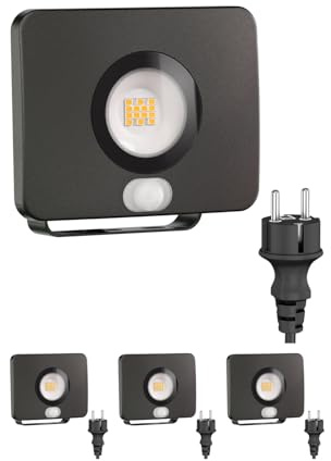 ledscom.de 4x LED Gartenstrahler WEGA für außen, IP44, Bewegungsmelder, Stecker, schwarz, 11,4 W, 944lm, warmweiß