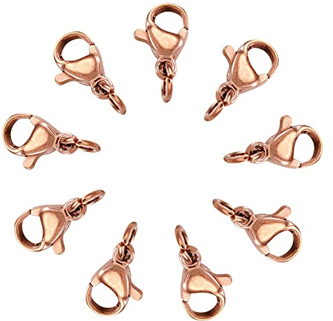 Beadthoven 100 Stück rotgoldene Karabinerverschlüsse 10 x 6 mm 304 Edelstahl Trigger Curved Verschlüsse Hakenverschluss mit offenen Biegeringe für Armband Halskette Verbinder Schmuckherstellung