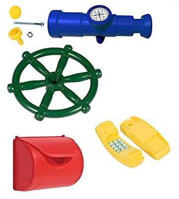 JUST FUN Spielplatz Zubehör: Steuerrad + Teleskop mit Kompass + Briefkasten + Telefon Spielhaus