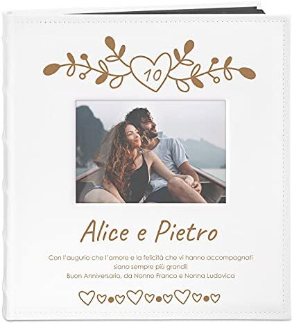 Maverton Album Foto Personalizzato ad Incisione Laser | Copertina in Pelle Sintetica con Finestra, 60 pagine nere, 240 foto 10x15 cm, idee regalo per anniversario, matrimonio, Cuore
