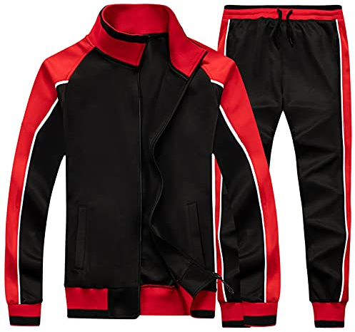 amropi Survêtement Homme Ensemble Veste Sweat et Pantalon Jogging Combinaison de Sport Noir Rouge,XL