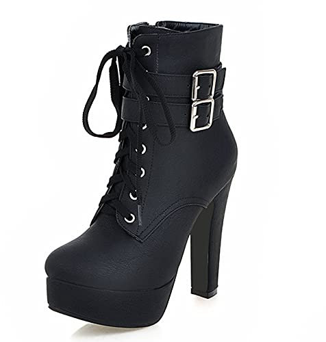 Smilice Damen Stiefeletten mit Absatz Plateau Stiefeletten mit Nieten (Schwarz 2, 48 EU)