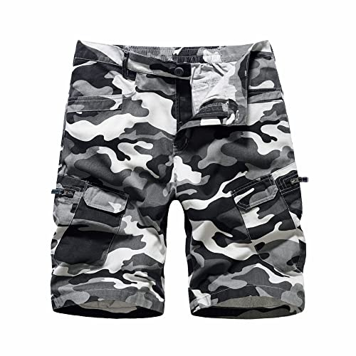 LY4U Camo Shorts Hombres Casual Algodón Cargo Combat Shorts con Múltiples Bolsillos, Gris XL