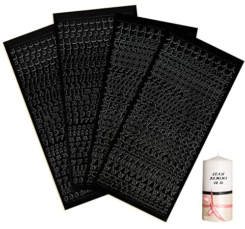 4 Blätter Sticker Buchstaben Zahlen Aufkleber Kleinbuchstaben zum Beschriften Schwarz Dekosticker für Kerzen Taufe Kommunion Konfirmation Hochzeit Geschenk Verpackung Umschlag (Schwarz)