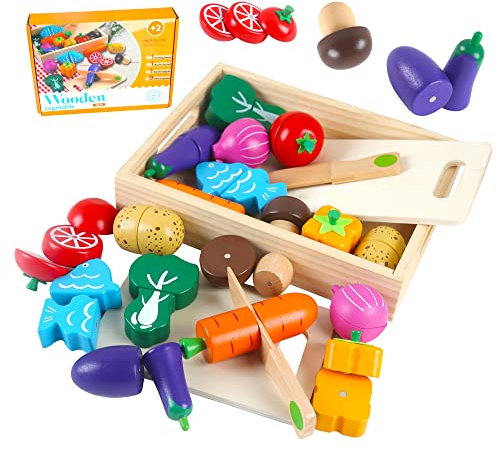 HVDHYY Küchenspielzeug für Kinder aus Holz Spielzeug Obst zum Schneiden Kinderküche Zubehör Lebensmittel mit Hölzern Lagerung Kasten für 2+Jungen Mädchen Weihnachten Geburtstag Kindertag Gegenwärtig