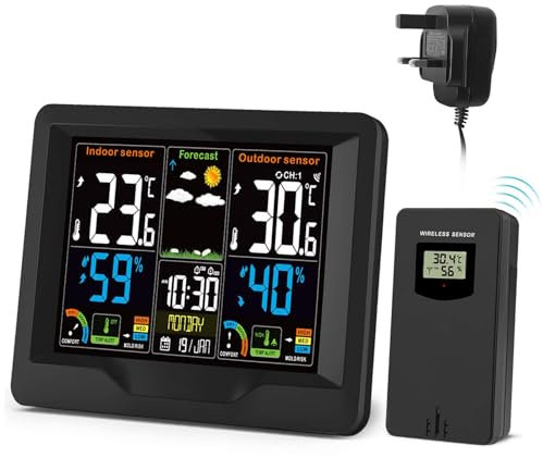 Weather Stations, Weather Stations with Outdoor Sensor Wireless UK, Digital Weather Station, Large LCD Screen Weather Forecast, Temperature Humidity Alarm Clock Weather Stations for Home Office