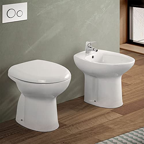 Inbagno Coppia Sanitari a Terra Tradizionali, Scarico a Terra, Design Moderno in Ceramica Bianca, Completo di copriwater, Serie Clara
