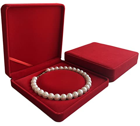 Fadsace Set di gioielli in velluto con collana girocollo di perle, scatola regalo, scatola lunga con catena di perle, confezione per gioielli da matrimonio, custodia da viaggio (rosso)