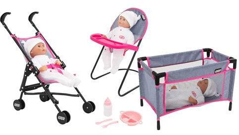 Nursey Playset | 7 Piece Nursery Playset Doll Highchair, Doll Crib, Doll Car Seat & Reusable Cutlery Set | Prams, Pushchairs and Dolls Accessories for Boys & Girls Age 3+ (Mamas & Papas)