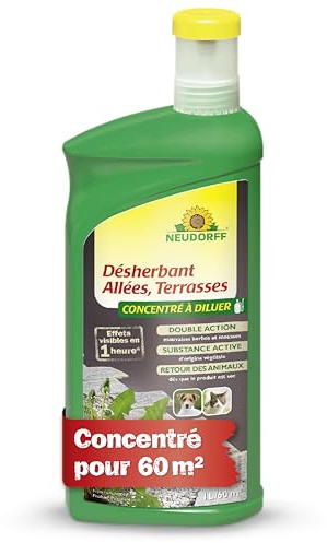 Neudorff Désherbant Allées Terrasses concentré, Pulvérisateur 1 l – Élimination des mauvaise herbes, Desherbant pulvérisateur, Désherbant total pour cours, trottoirs et terrasses