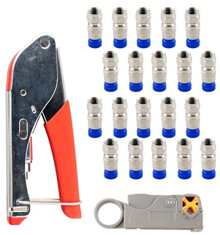 Kit de cable coaxial con 20 conectores tipo F y llave Allen, kit de herramientas de cable coaxial, kit de crimpadora para herramienta de compresión coaxial Rg6 Rg59, pelacables para Rg58/59/6