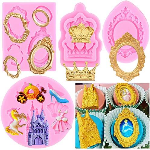 RFGHAC Lot de 4 moules en silicone pour cadres photo Cendrillon Fondant Baroque Cadre photo Couronne Château Princesse Robe Chaussures en cristal Moules pour décoration de gâteau Cupcake Topper