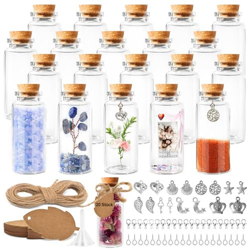 Omsscun 20Pcs Small Glass Bottles with Cork, 40ml Mini Glass Bottle with Stoppers, Empty Spell Jars, Miniature Potion Bottle, Wish Bottles for Wedding Favours, Party Favours, DIY Crafts, Decoration