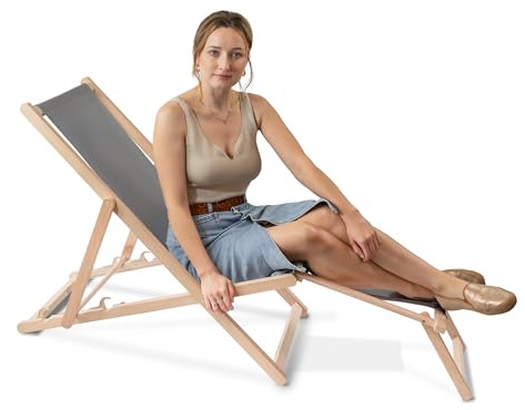 DreamRoots Liegestuhl klappbar Holz mit fußteil bis zu 130 kg belastbar, 3-Fach verstellbare Rückenlehne, waschbarer Polyesterbezug