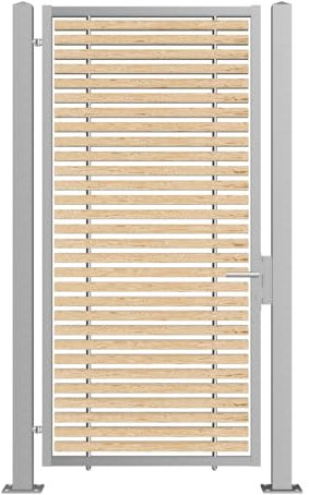 Gartentor Edelstahl V2A Hochmodell 2 m, Modern trifft Klassik - Lärchenholz, Din rechts od. links, versch. Montagesets, Gartentür, Zauntor, Terrassentür (mit Pfosten DIN rechts ohne Montageset)