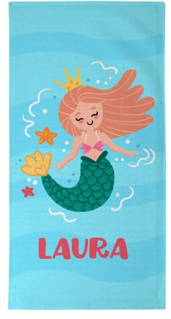 Wanapix | Rechteckiges Handtuch mit Ihrem Namen | 70x140 cm | Personalisiertes Strandtuch für Kinder | Bade- und Poolhandtücher | Waschmaschinengeeignet | Sirene