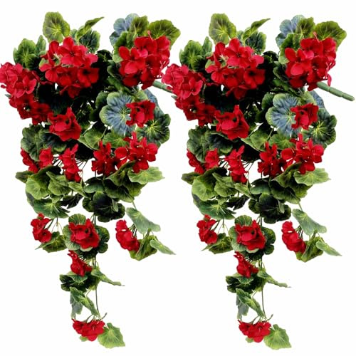 wardbum Geranios artificiales colgantes de flores para interiores y exteriores, hogar, jardín, boda, porche, valla de pared, cesta colgante de vides (rojo, paquete de 2)