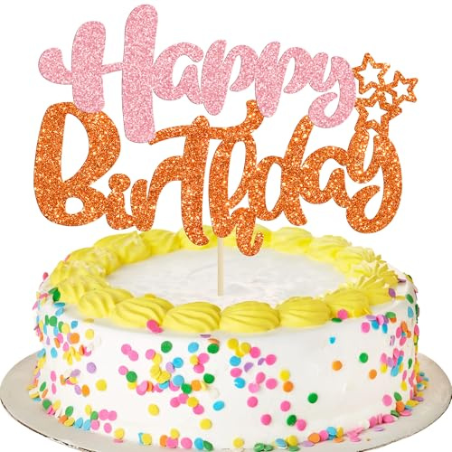 Ephlyn 1Pcs Happy Birthday Cake Topper Glitter Happy Birthday Cake Pick for Celebrating Happy Birthday Anniversary Theme Party Cake Decorations Supplies Pink Orange