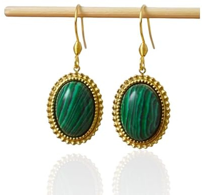 Malachit Ohrringe, Oval Edelstein Hängeohrringe, Grün Gold Stein Ohrhänger, Malachit Schmuck, Weihnachtsgeschenk für Sie